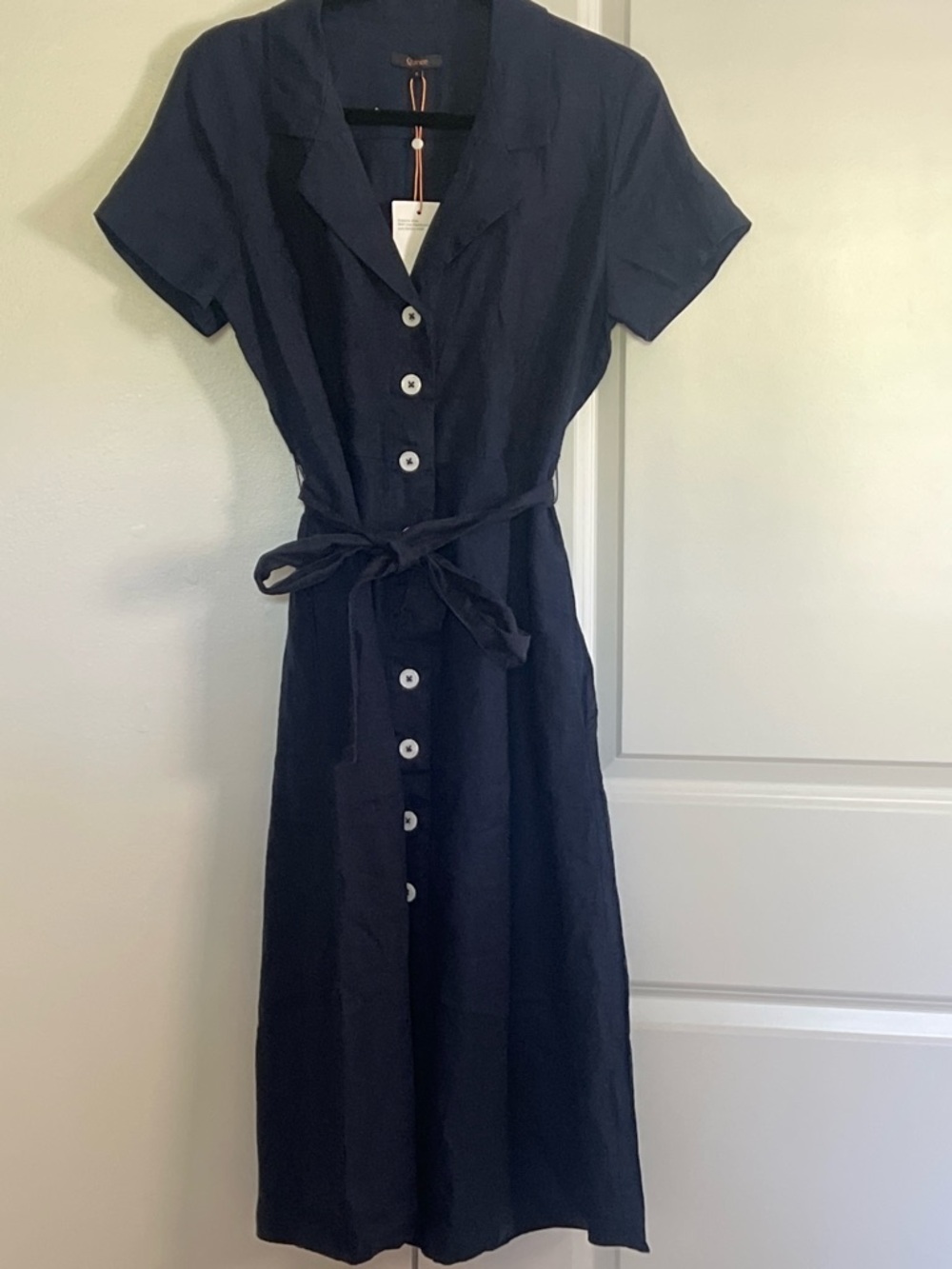 Quince Navy Short-Sleeve 100% European Linen Button Midi Dress - Picture 4 of 6